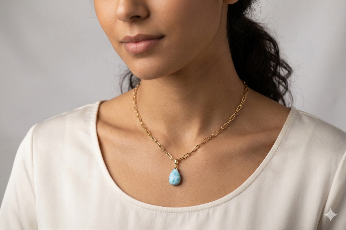 Larimar Teardrop Necklace on Gold-Filled Paperclip Chain
