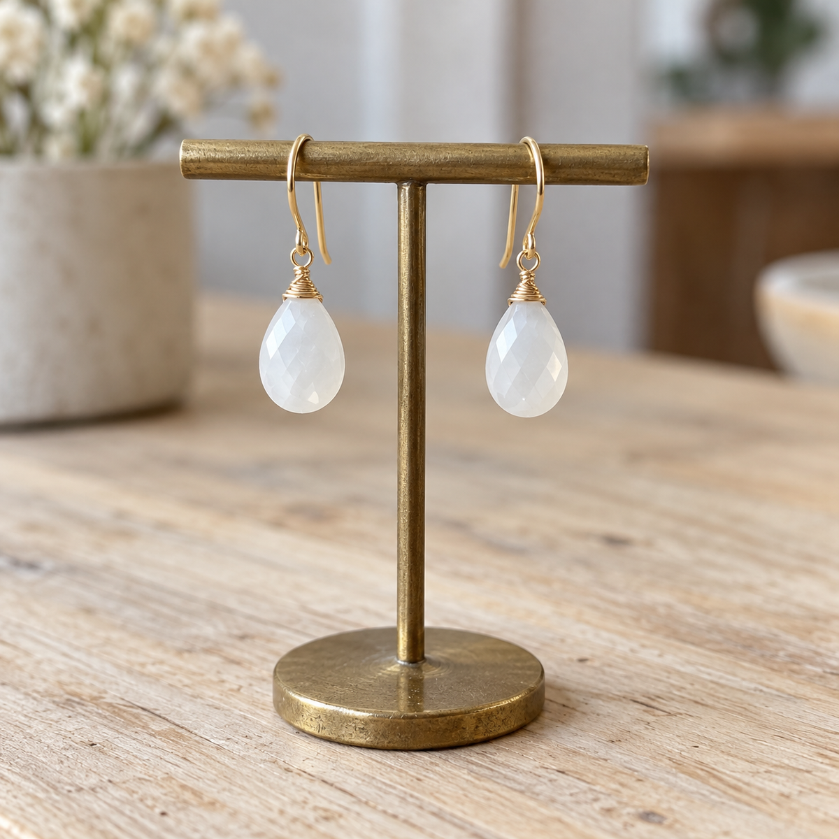 White Moonstone dangle earrings on gold filled wire