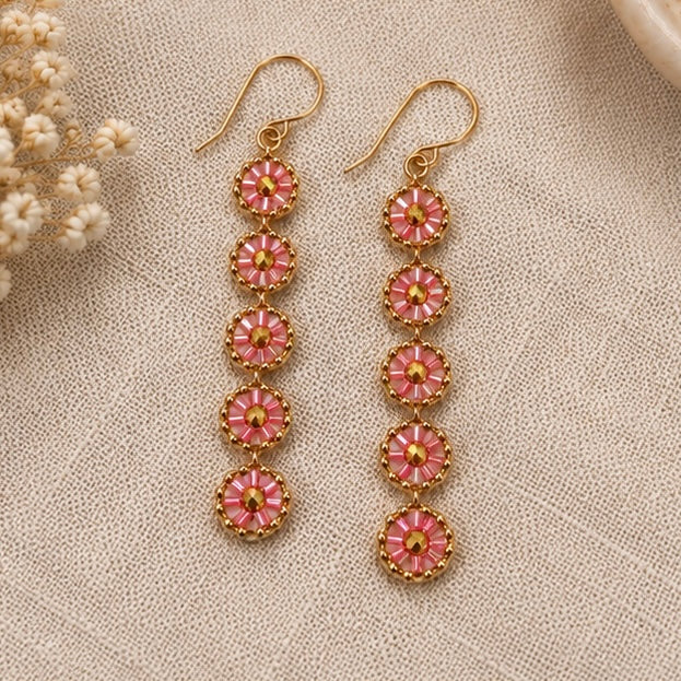 Pink & Gold Five-Tier Woven Dangle Earrings