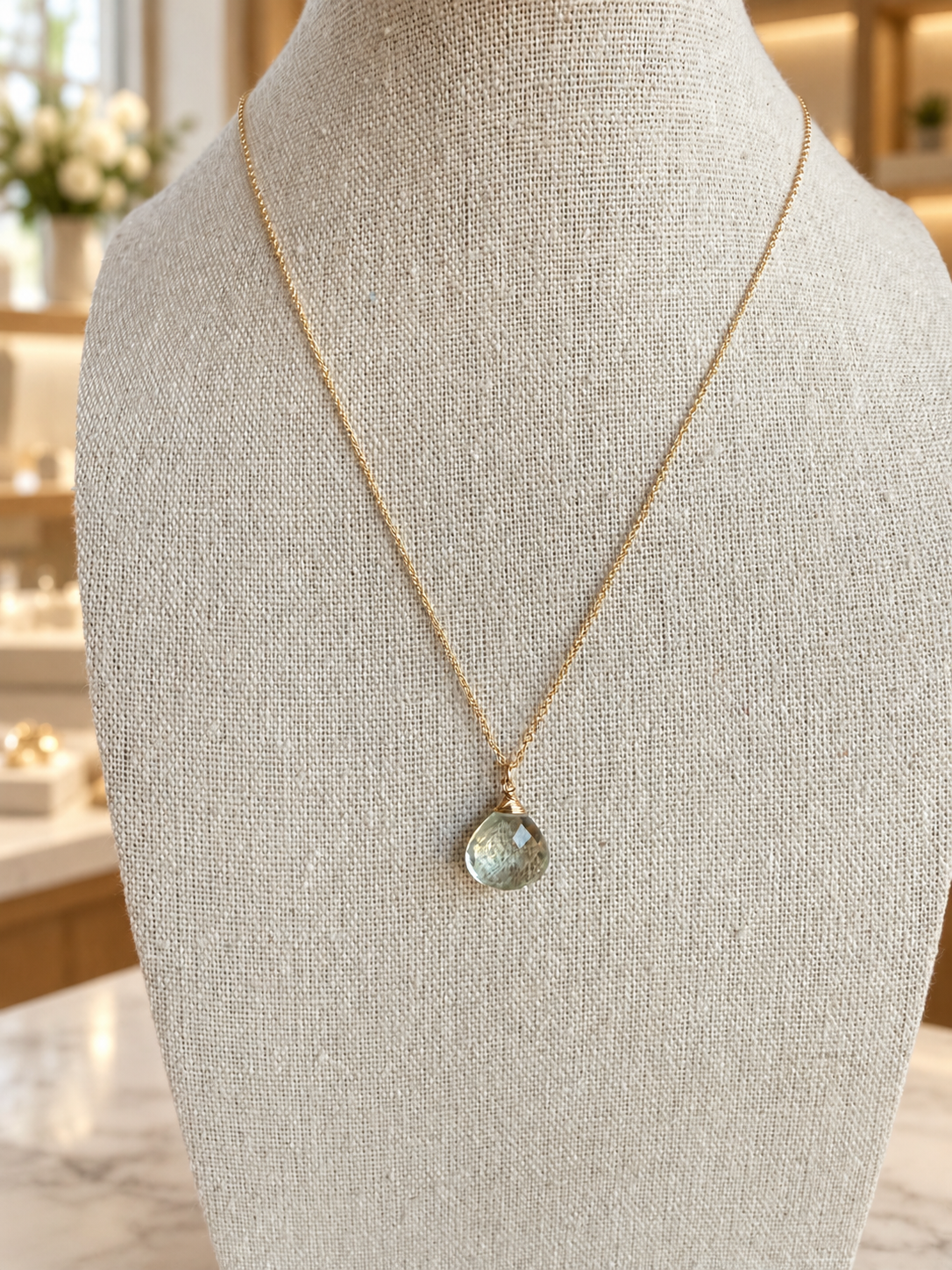 Prasiolite Briolettes Wrap Top Necklace, Gold-Filled Cable Chain