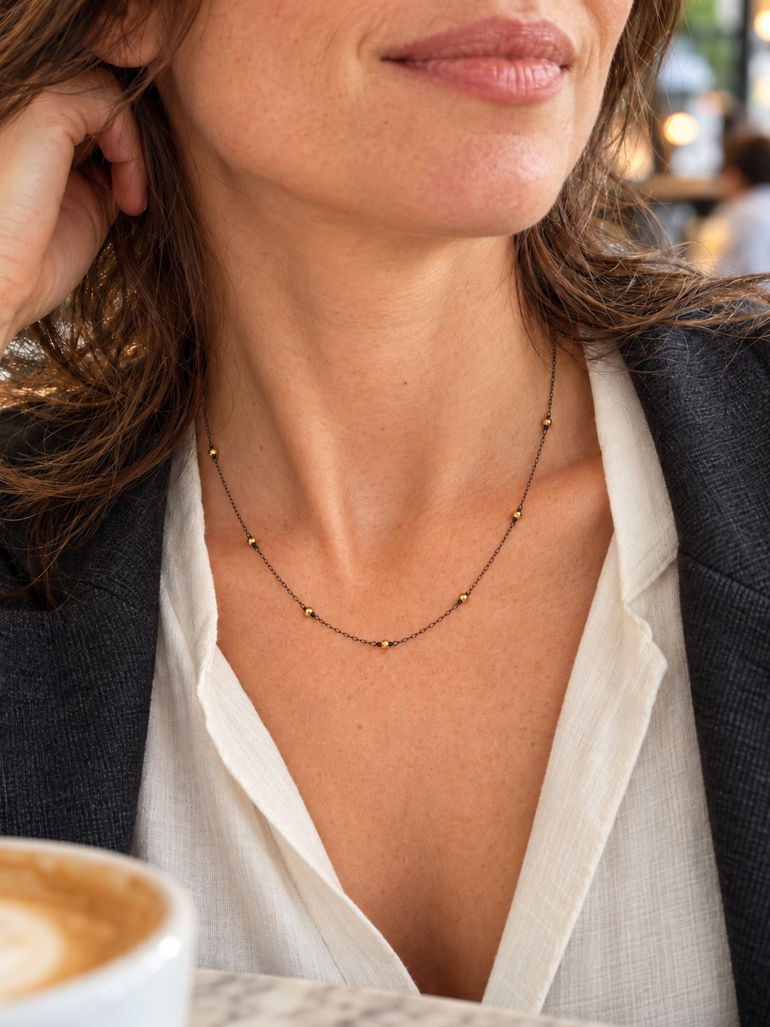 Strata Gold Hematite Station Necklace, Oxidized Sterling Silver