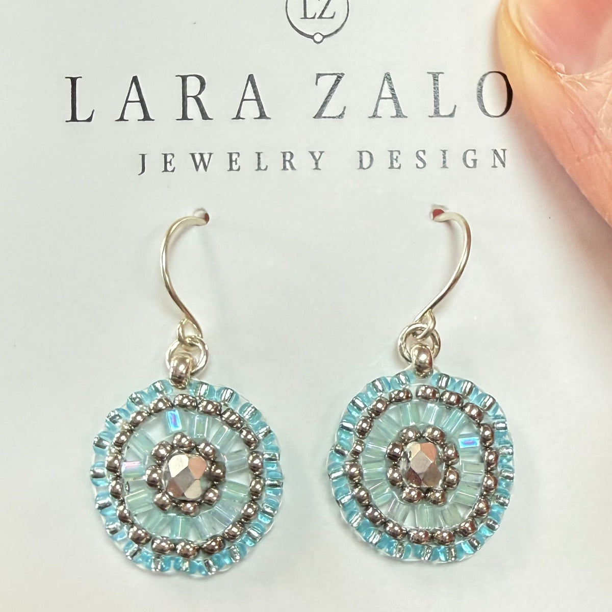 Silver & Baby Blue Bead Woven Oval Earrings