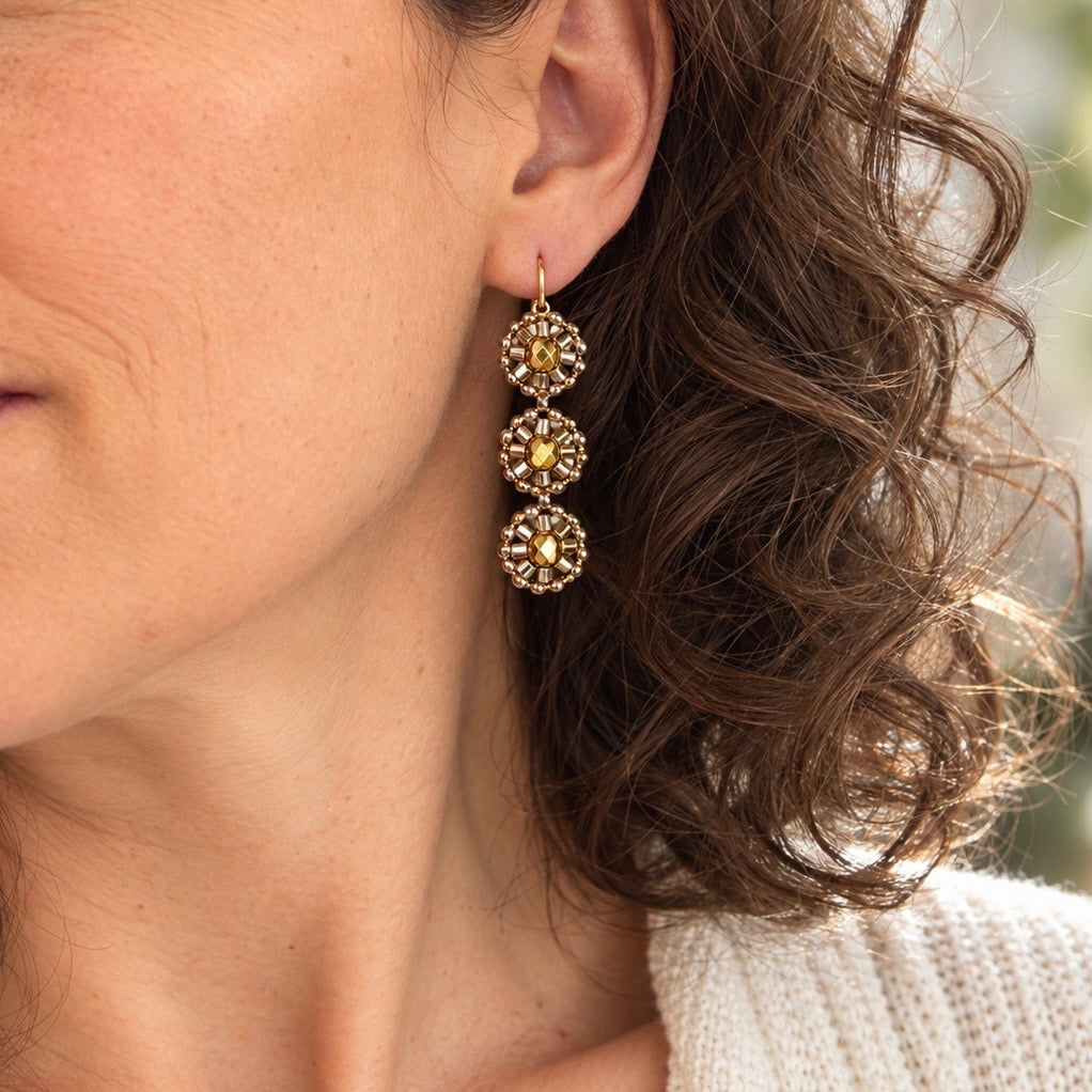 Gold & Miyuki 3-Tier Glass Woven Oval Earrings