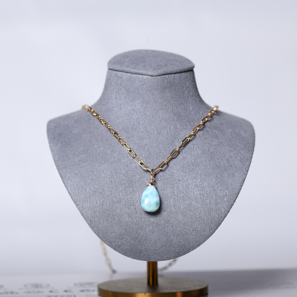 Larimar Teardrop Necklace on Gold-Filled Paperclip Chain