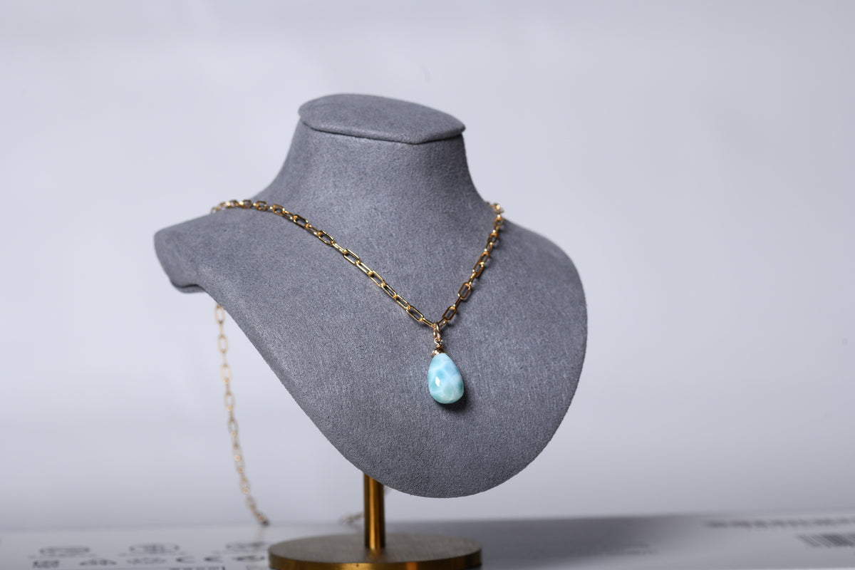 Larimar Teardrop Necklace on Gold-Filled Paperclip Chain