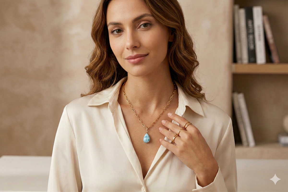 Larimar Teardrop Necklace on Gold-Filled Paperclip Chain