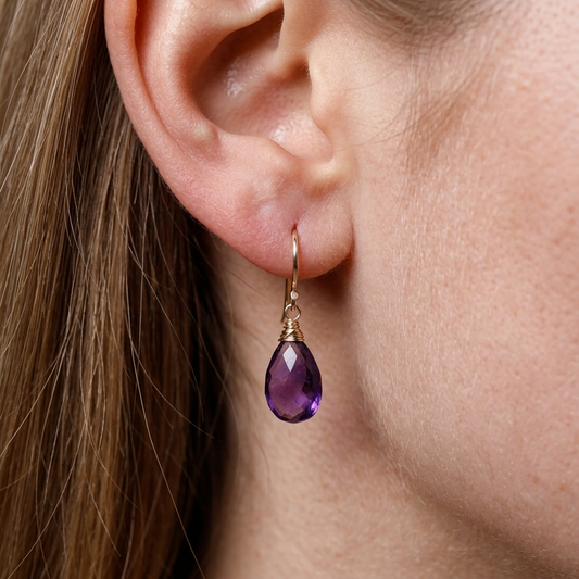 Genuine Amethyst Drop Earrings, Gold-Filled Wire Wrapped