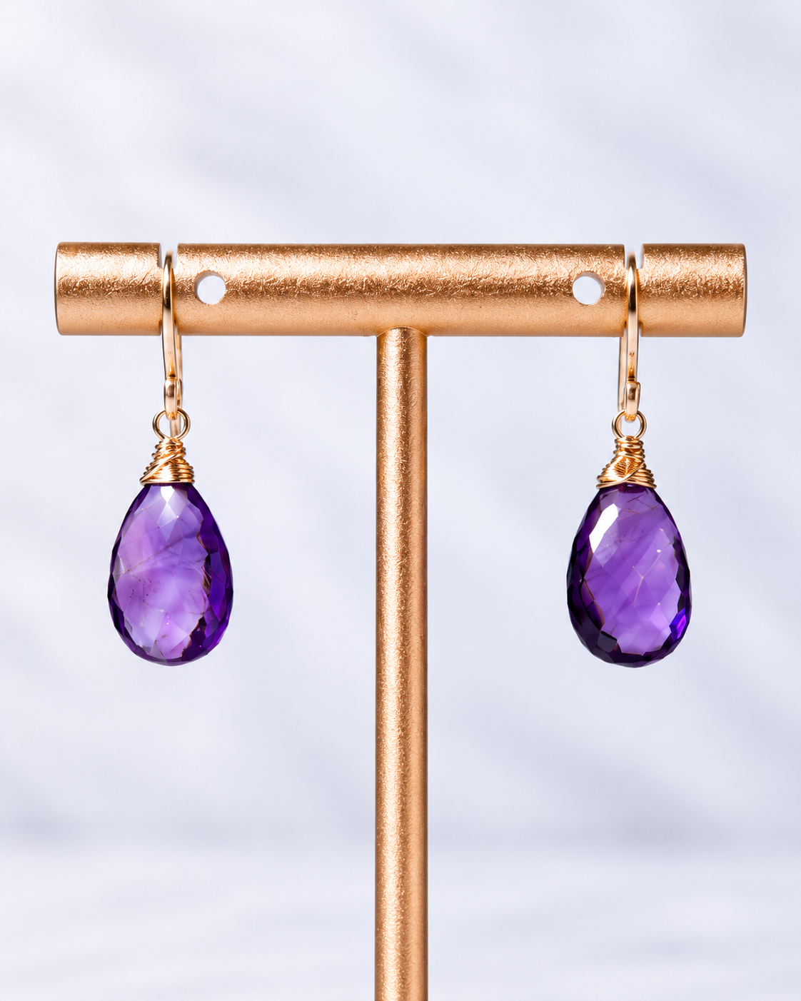 Genuine Amethyst Drop Earrings, Gold-Filled Wire Wrapped