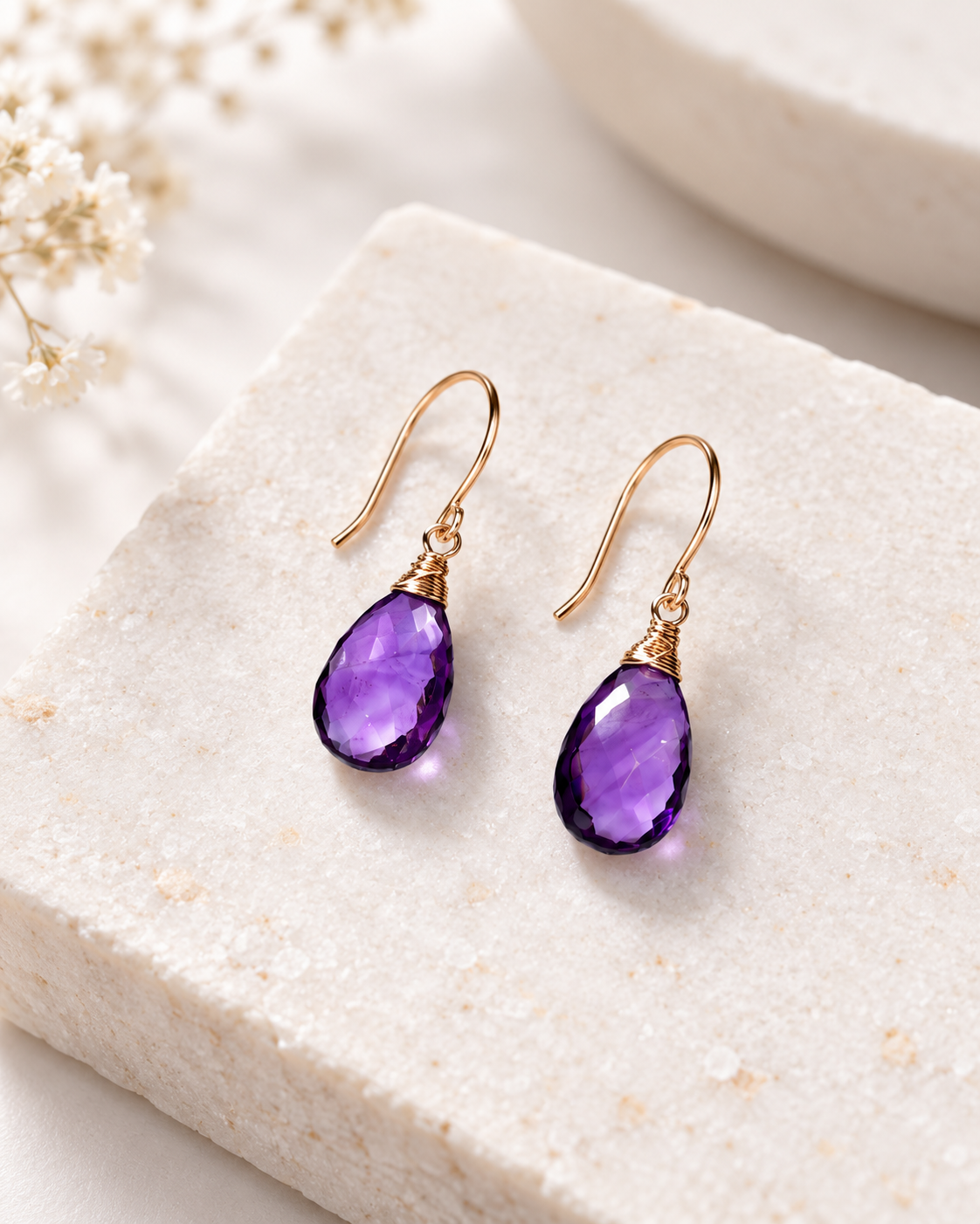 Genuine Amethyst Drop Earrings, Gold-Filled Wire Wrapped