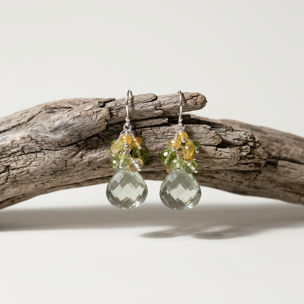 Prasiolite Teardrop Earrings with Peridot & Citrine Clusters, Sterling Silver