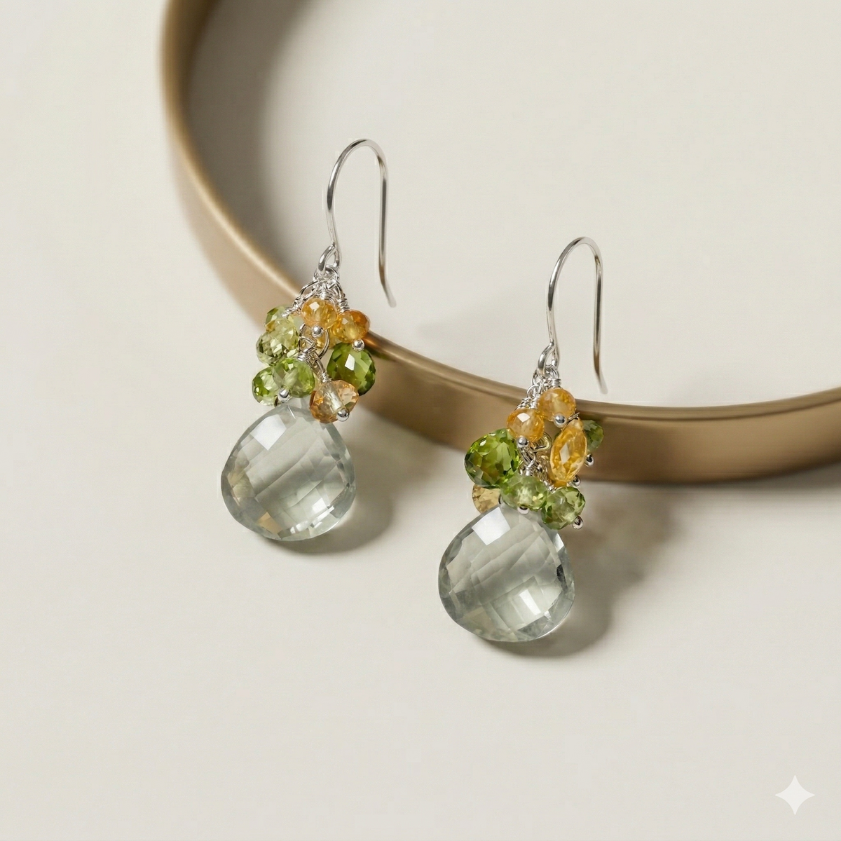Prasiolite Teardrop Earrings with Peridot & Citrine Clusters, Sterling Silver