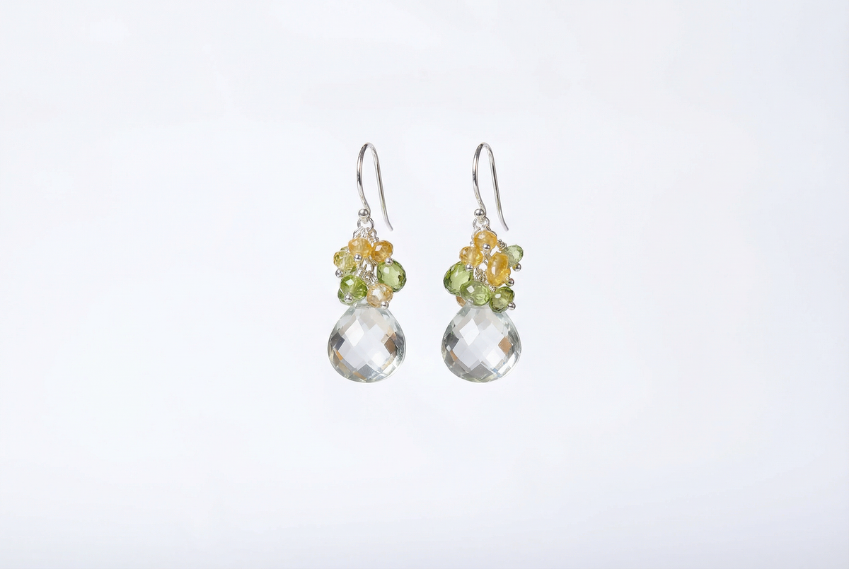 Prasiolite Teardrop Earrings with Peridot & Citrine Clusters, Sterling Silver