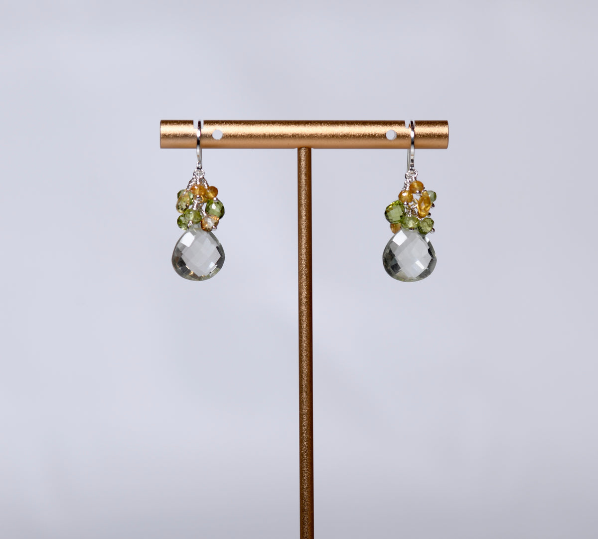 Prasiolite Teardrop Earrings with Peridot & Citrine Clusters, Sterling Silver