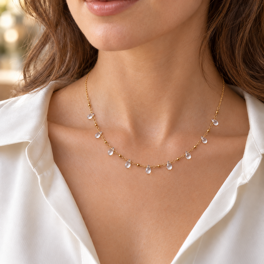 White Topaz Nine-Drop Necklace, Gold-Filled