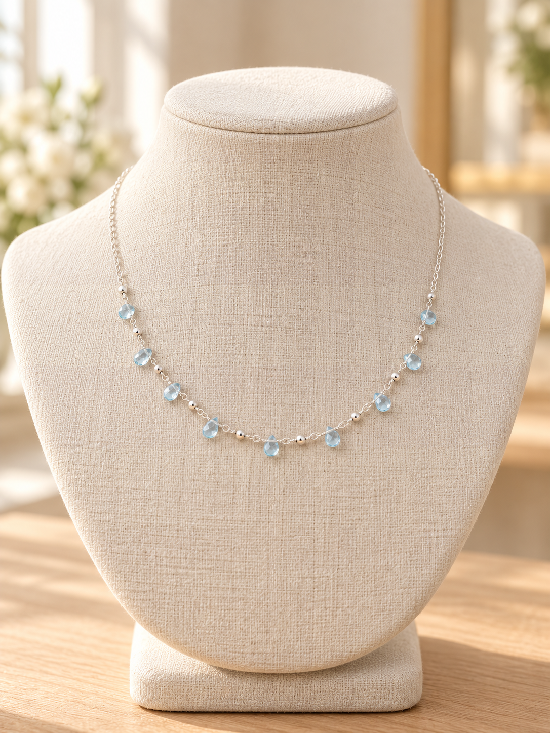 Blue Topaz Nine-Drop Necklace, Sterling Silver