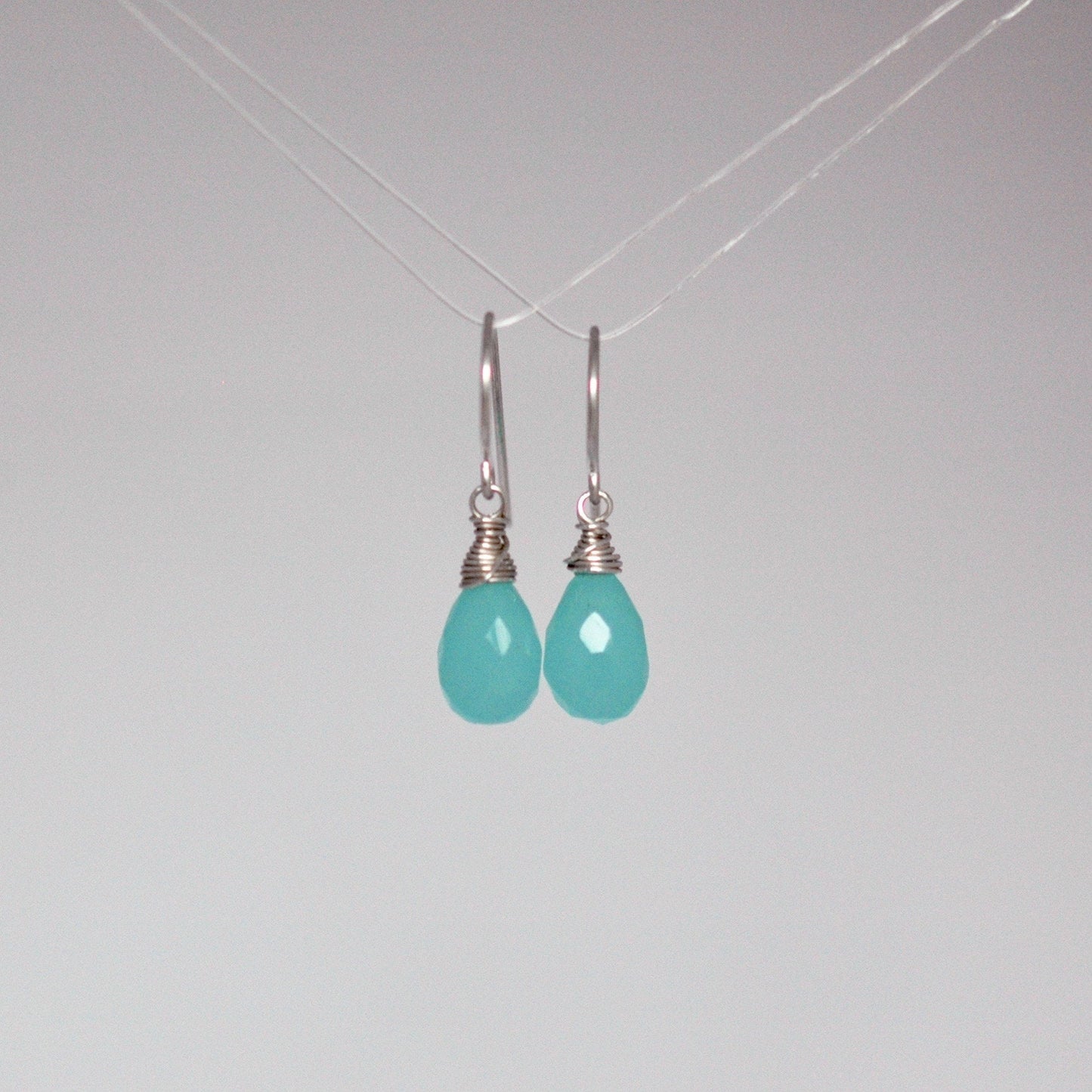 Bright Aqua Chalcedony Wire-Wrapped Drop Earrings in Sterling Silver