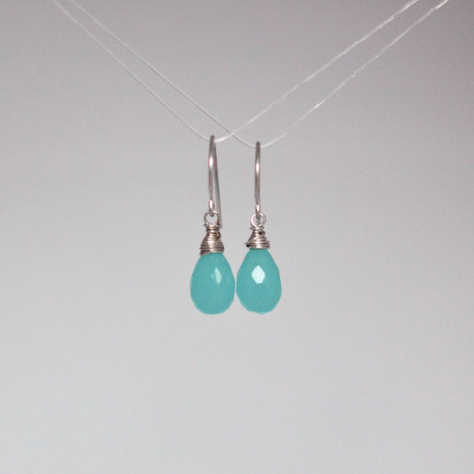 Bright Aqua Chalcedony Wire-Wrapped Drop Earrings in Sterling Silver