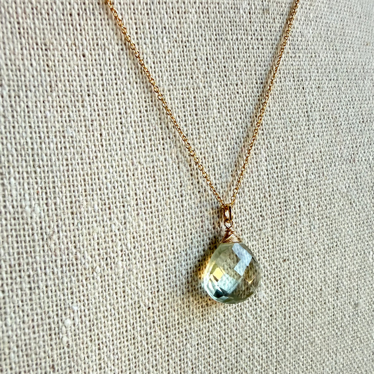 Prasiolite Briolettes Wrap Top Necklace, Gold-Filled Cable Chain