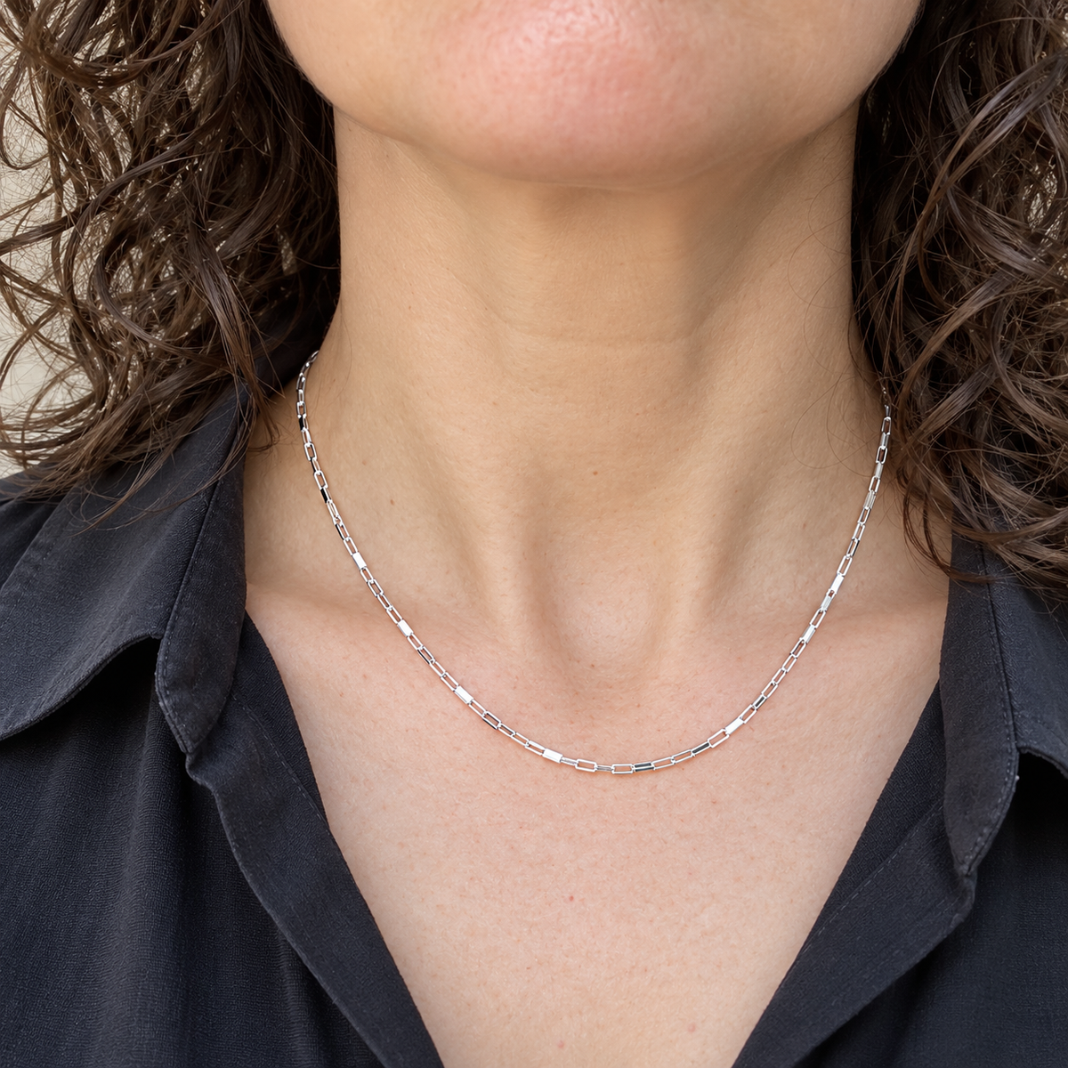Silver Elongated Box Chain Necklace