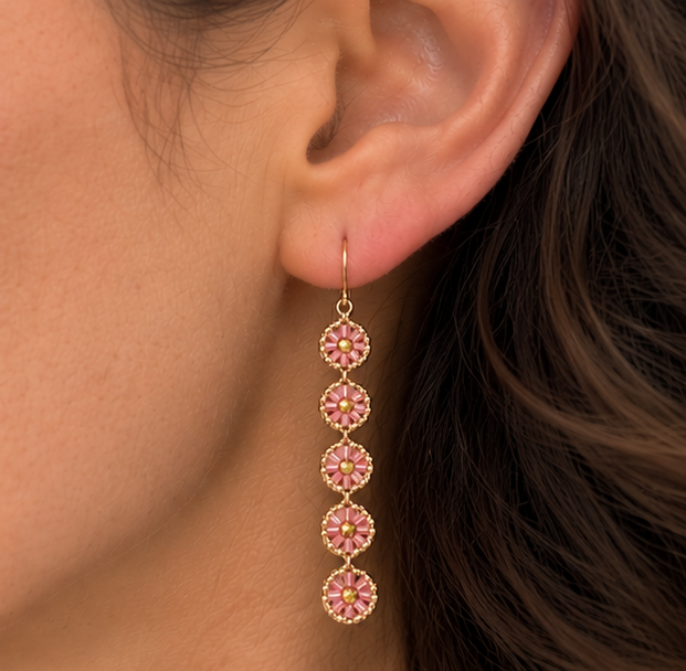 Pink & Gold Five-Tier Woven Dangle Earrings