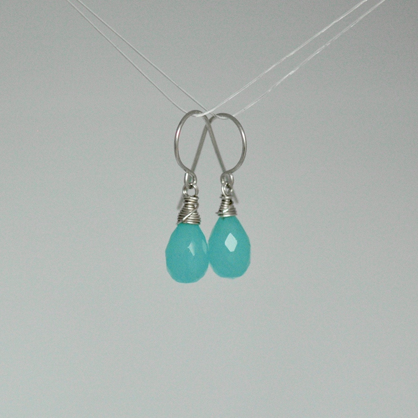 Bright Aqua Chalcedony Wire-Wrapped Drop Earrings in Sterling Silver
