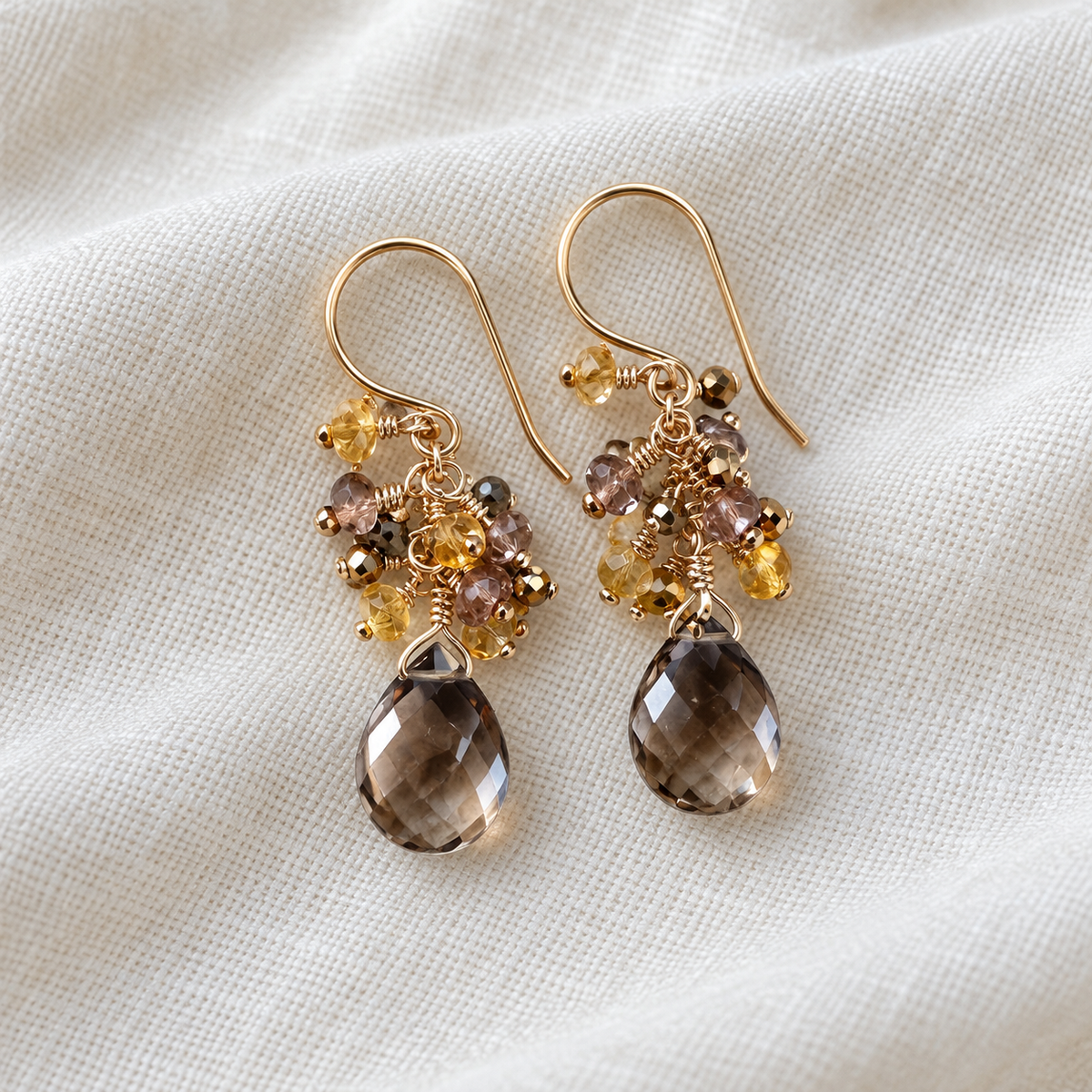 Smoky Quartz & Yellow Sapphire Cluster Drop Earrings