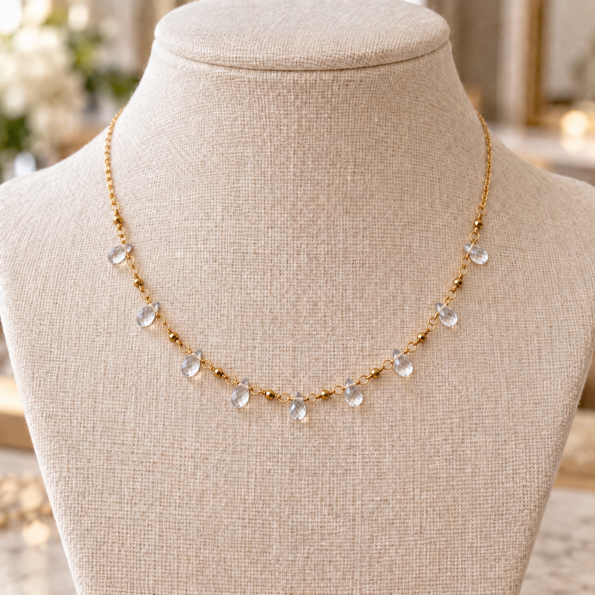 White Topaz Nine-Drop Necklace, Gold-Filled