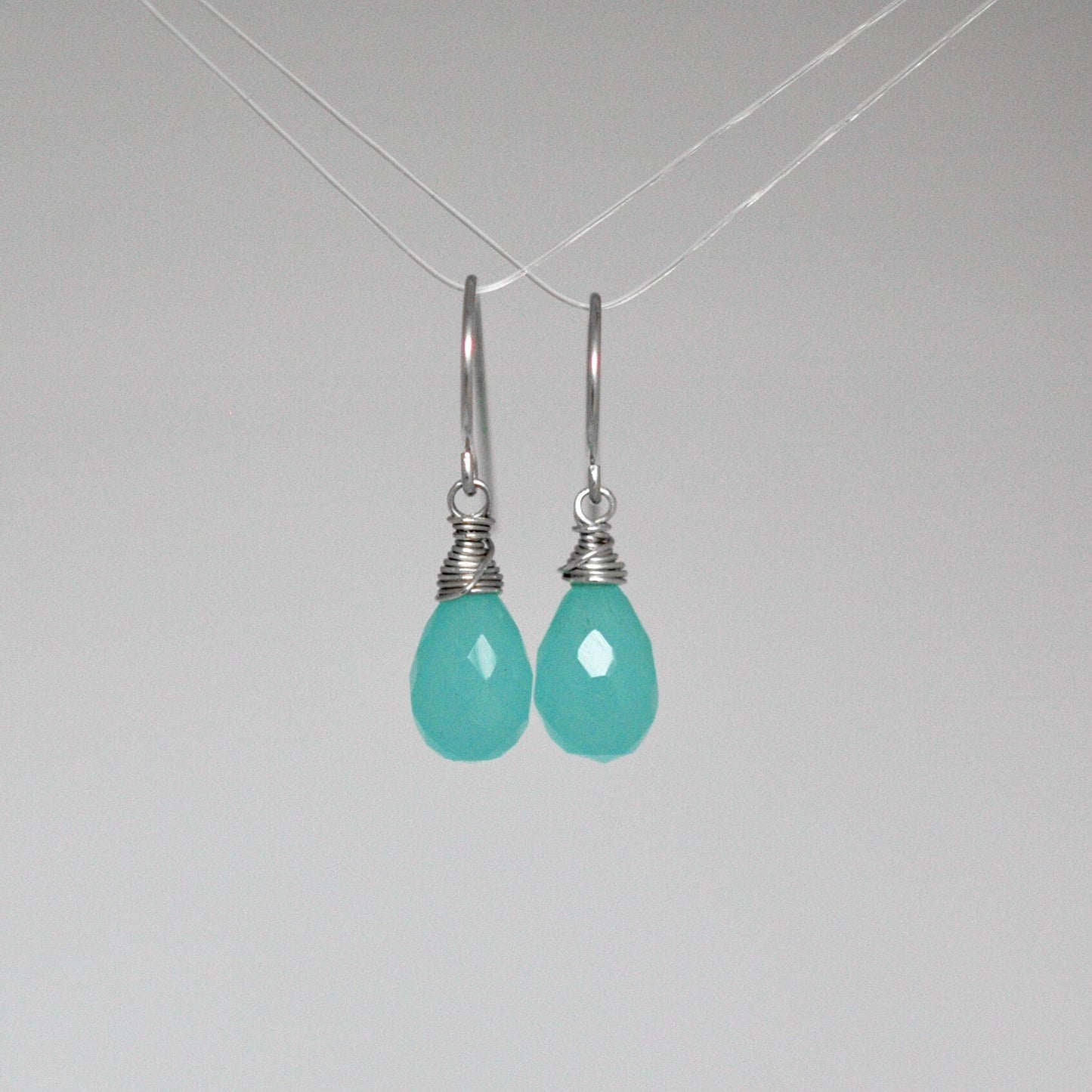 Bright Aqua Chalcedony Wire-Wrapped Drop Earrings in Sterling Silver