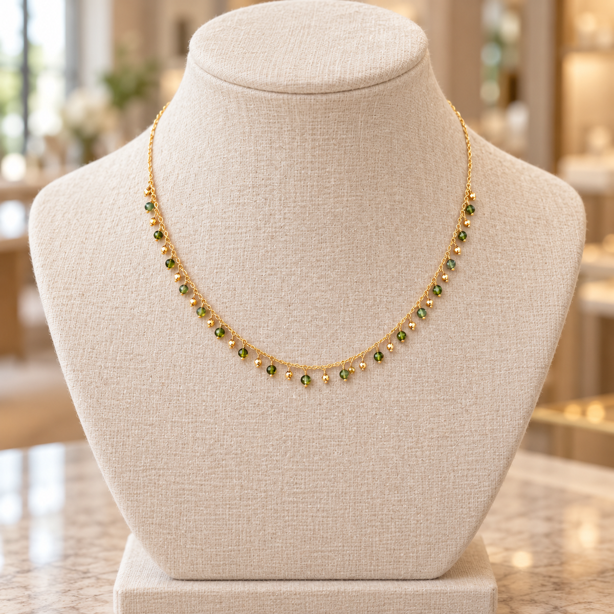 Green Tourmaline & Hematite Constellation Necklace, Gold-Filled