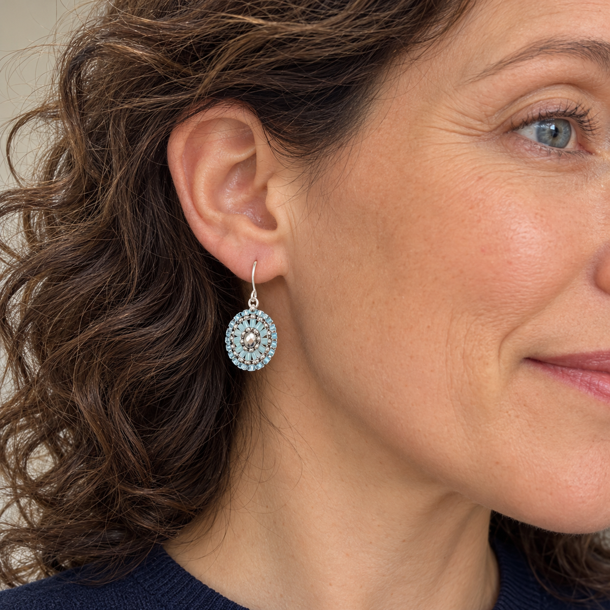 Silver & Baby Blue Bead Woven Oval Earrings