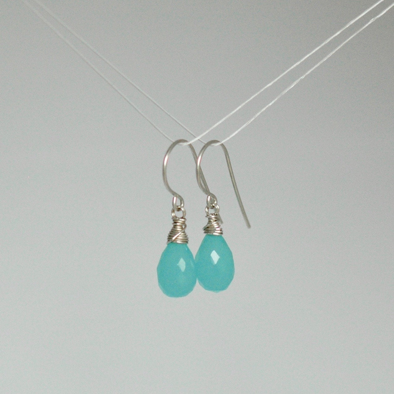 Bright Aqua Chalcedony Wire-Wrapped Drop Earrings in Sterling Silver