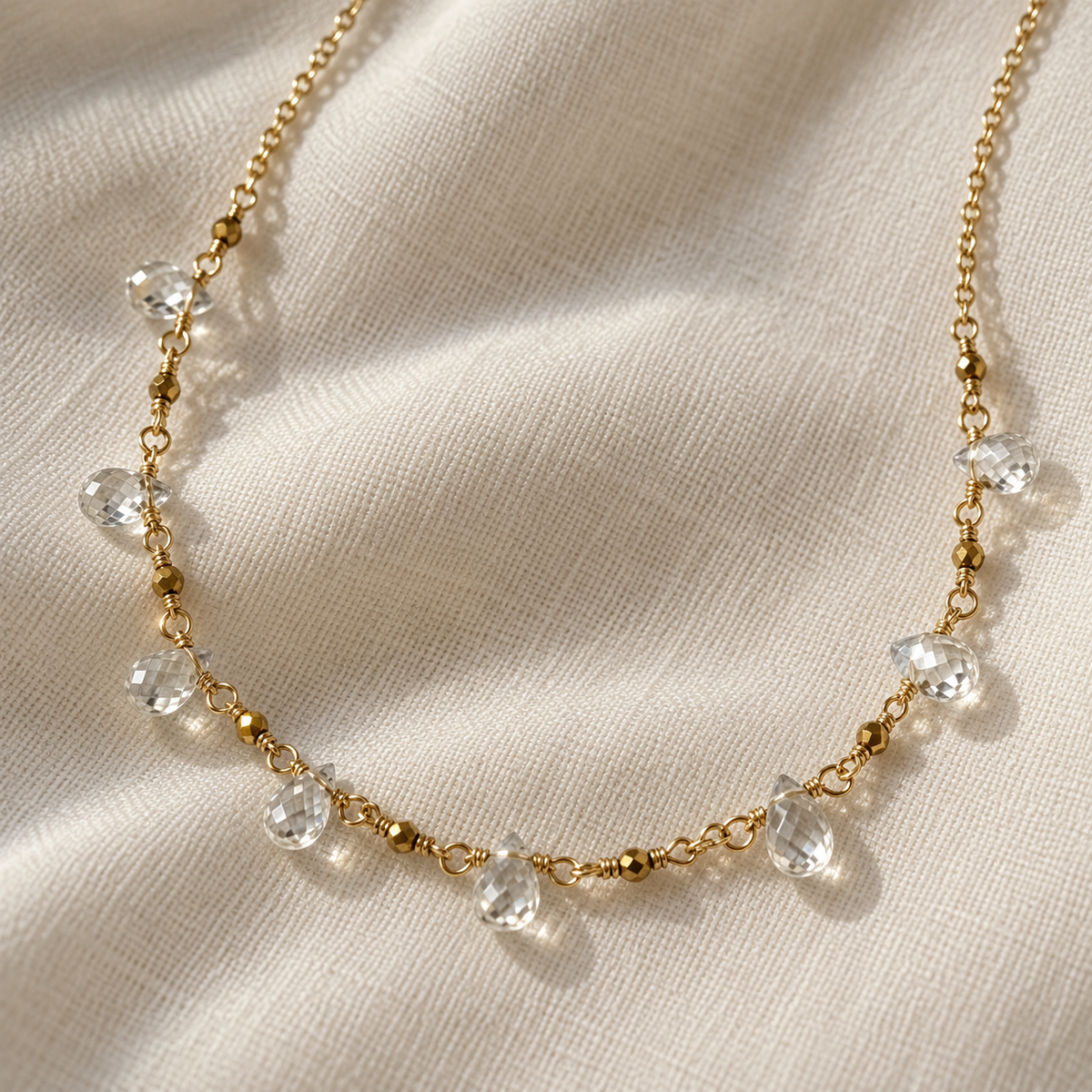 White Topaz Nine-Drop Necklace, Gold-Filled