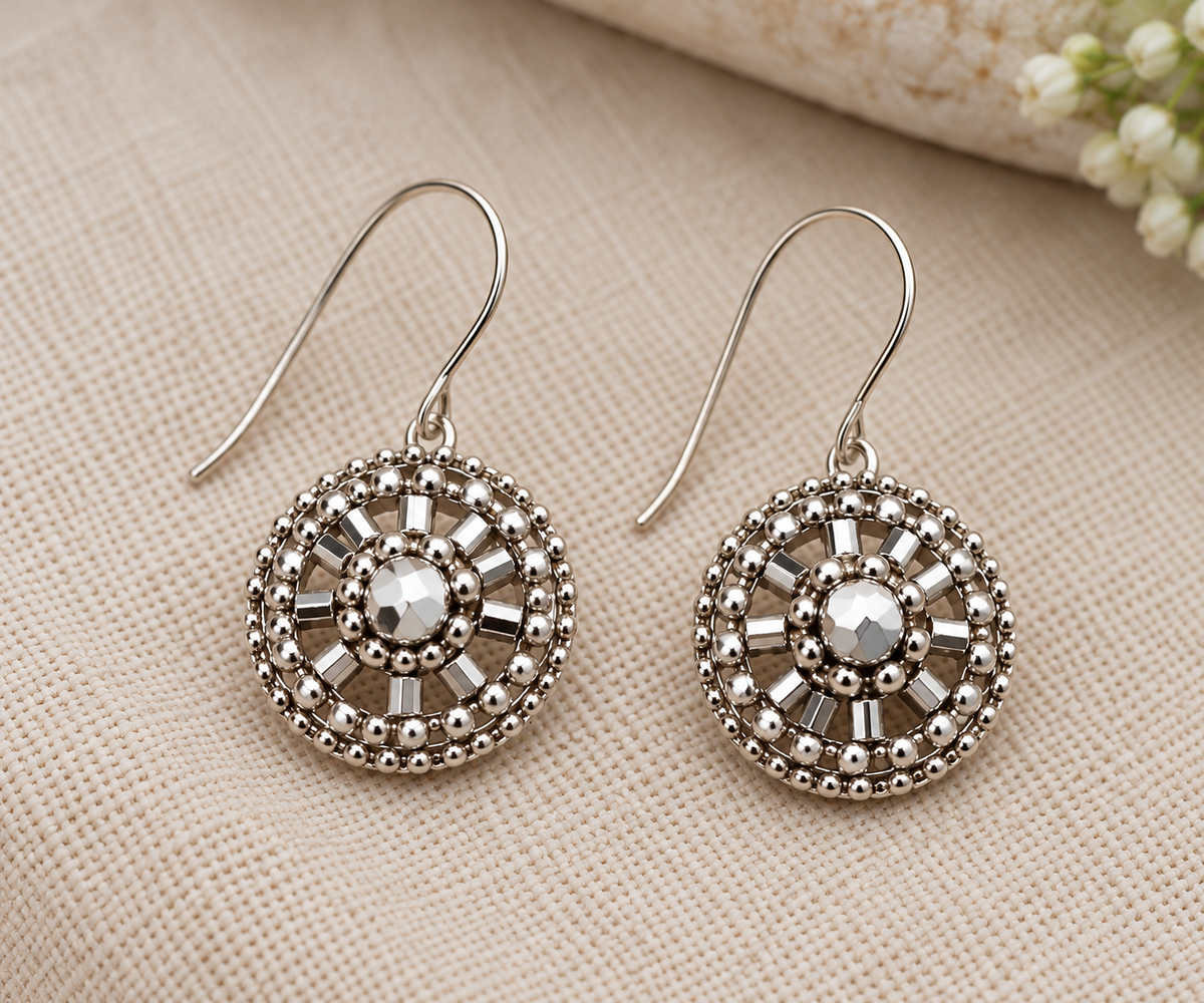 Silver Bead Woven Oval Earrings