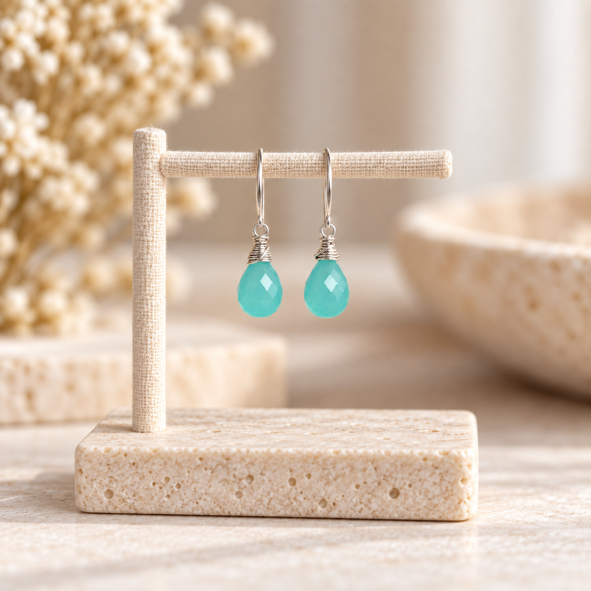 Bright Aqua Chalcedony Wire-Wrapped Drop Earrings in Sterling Silver