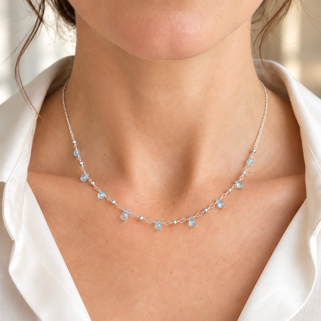 Blue Topaz Nine-Drop Necklace, Sterling Silver