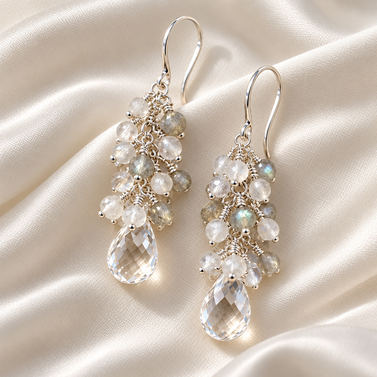 Constellation White Topaz, Moonstone & Labradorite Cluster Drop Earrings