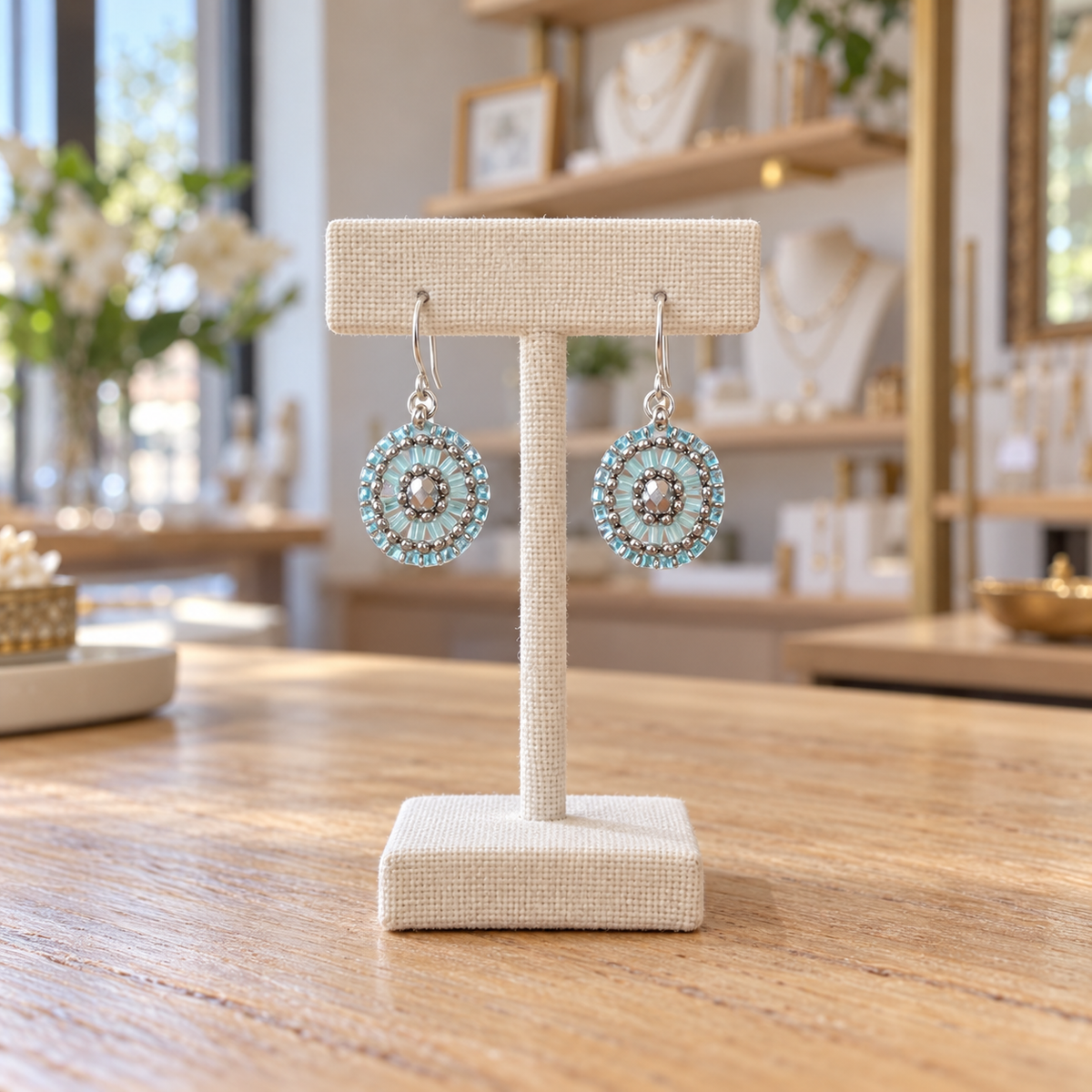 Silver & Baby Blue Bead Woven Oval Earrings