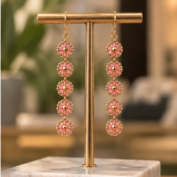 Pink & Gold Five-Tier Woven Dangle Earrings
