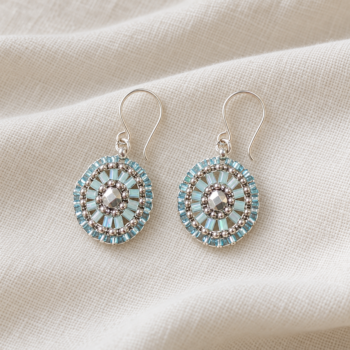 Silver & Baby Blue Bead Woven Oval Earrings