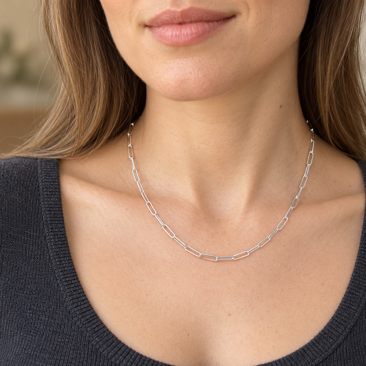 Sterling Silver Rectangle Elongated Cable Necklace