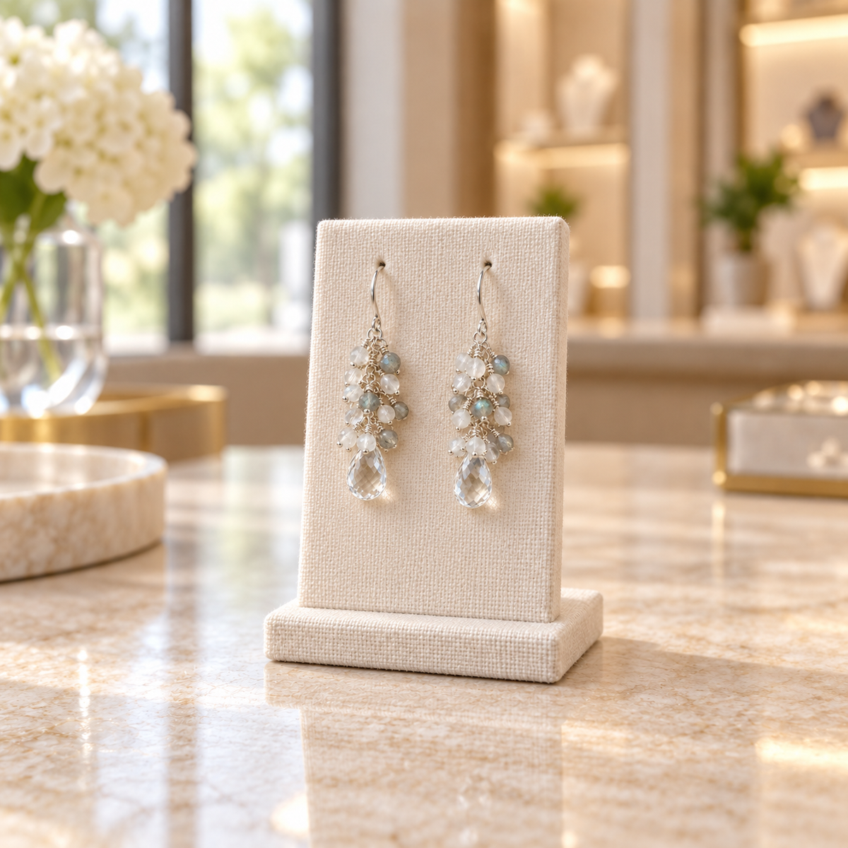 Constellation White Topaz, Moonstone & Labradorite Cluster Drop Earrings