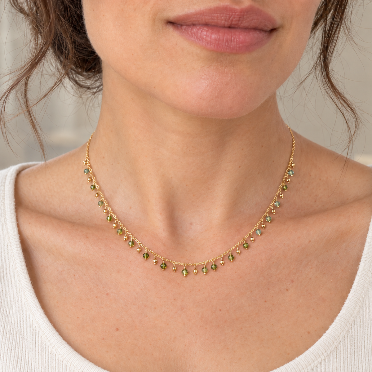 Green Tourmaline & Hematite Constellation Necklace, Gold-Filled