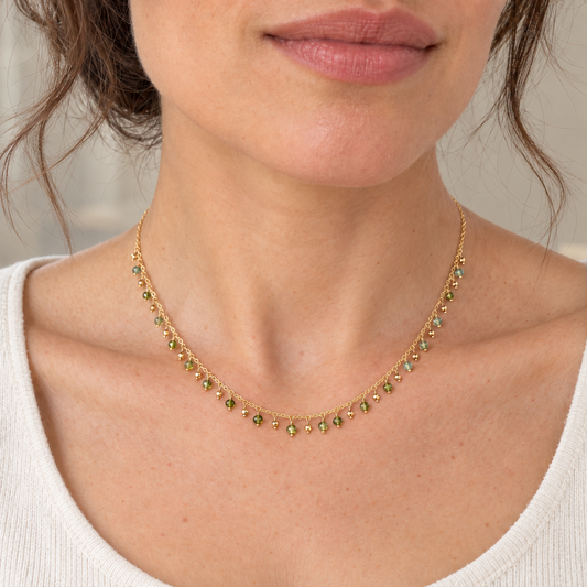 Green Tourmaline & Hematite Constellation Necklace, Gold-Filled
