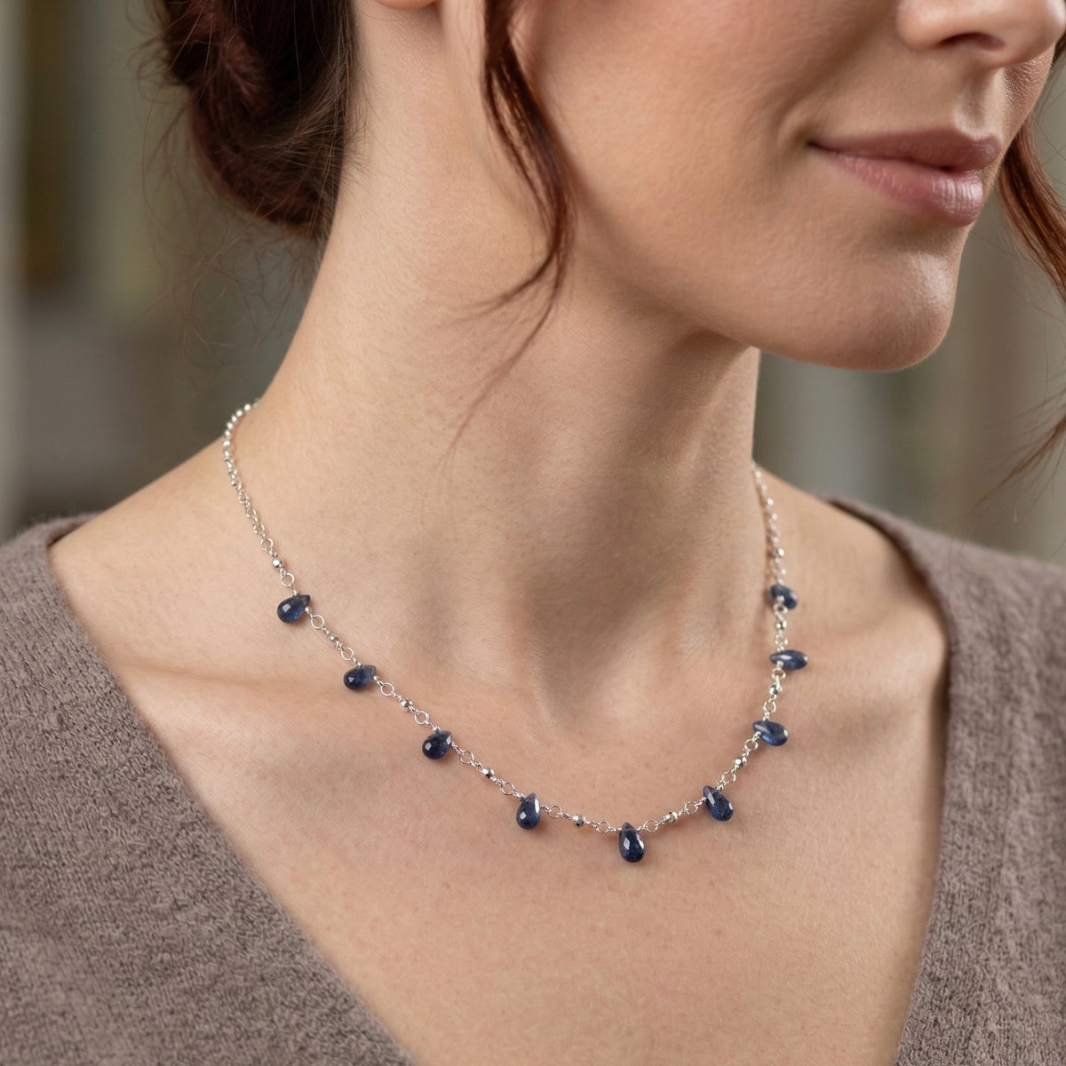 Blue Sapphire Drop Necklace in Sterling Silver