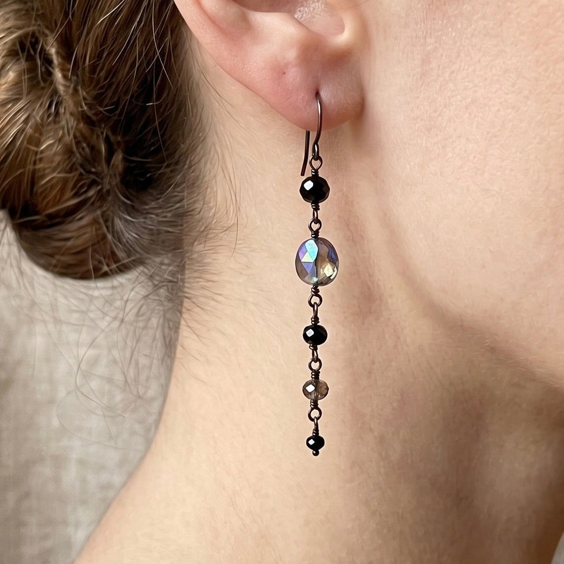 Shimmery Grey Moonstone & Black Diamond Drops