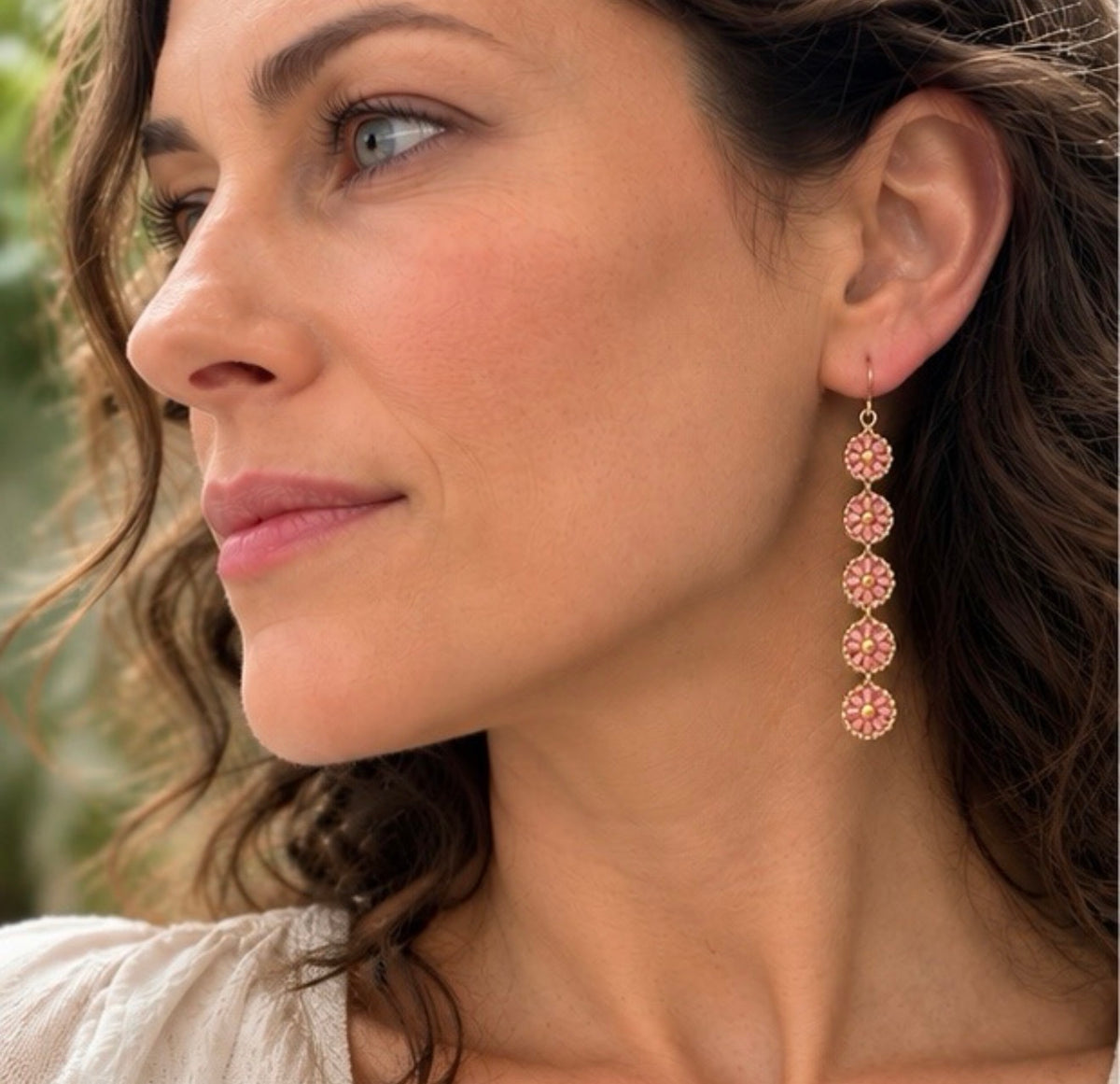 Pink & Gold Five-Tier Woven Dangle Earrings