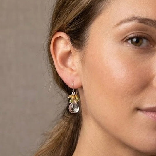 Prasiolite Teardrop Earrings with Peridot & Citrine Clusters, Sterling Silver