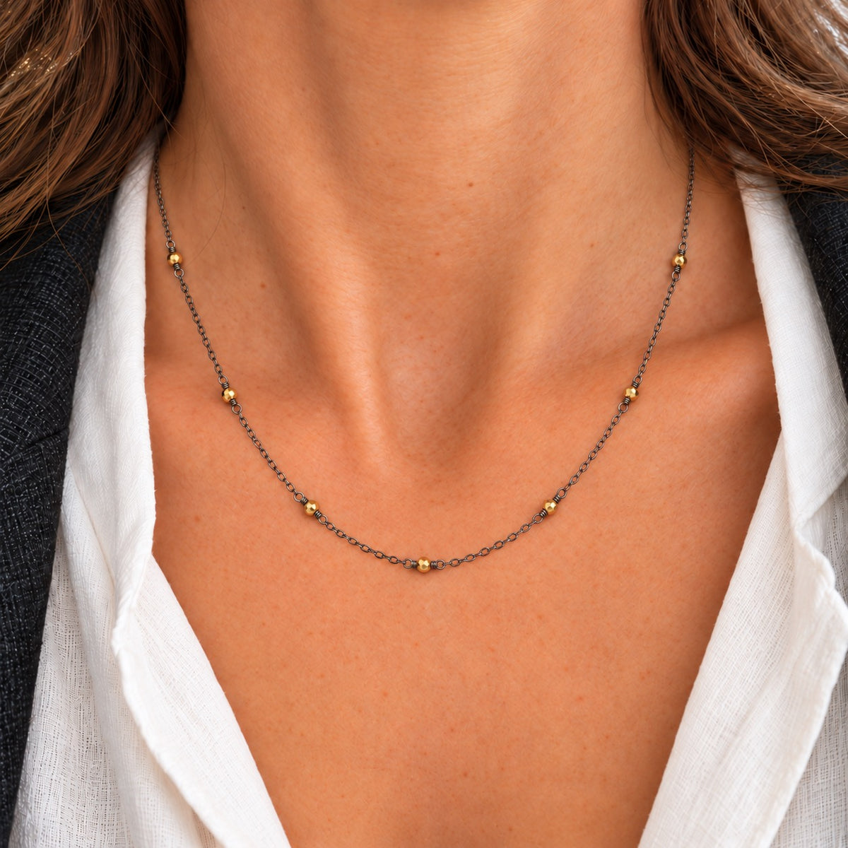 Strata Gold Hematite Station Necklace, Oxidized Sterling Silver