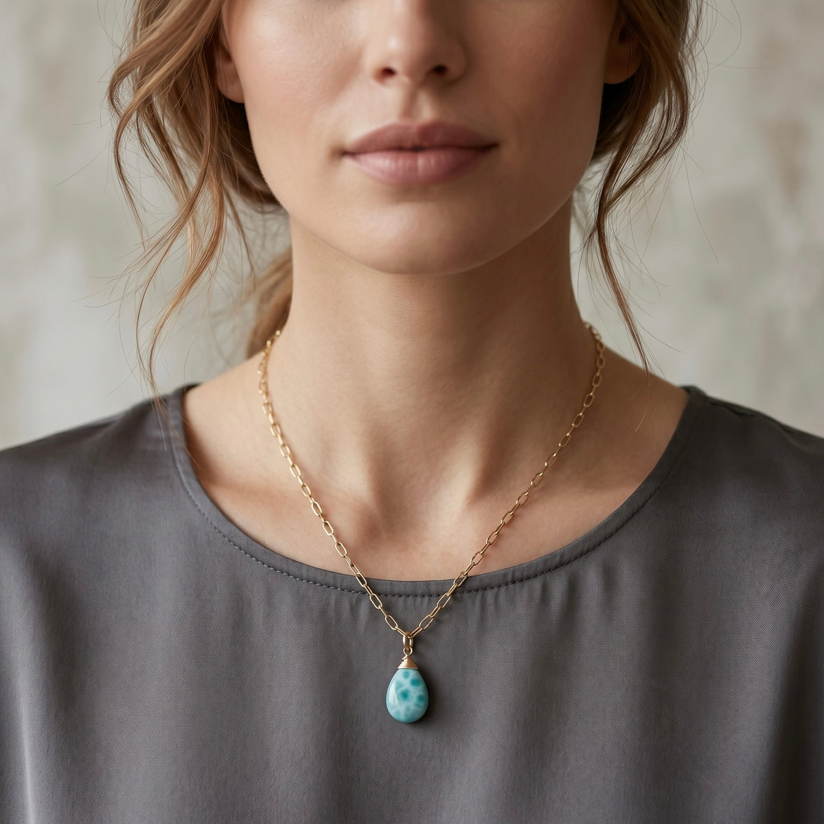 Larimar Teardrop Necklace on Gold-Filled Paperclip Chain