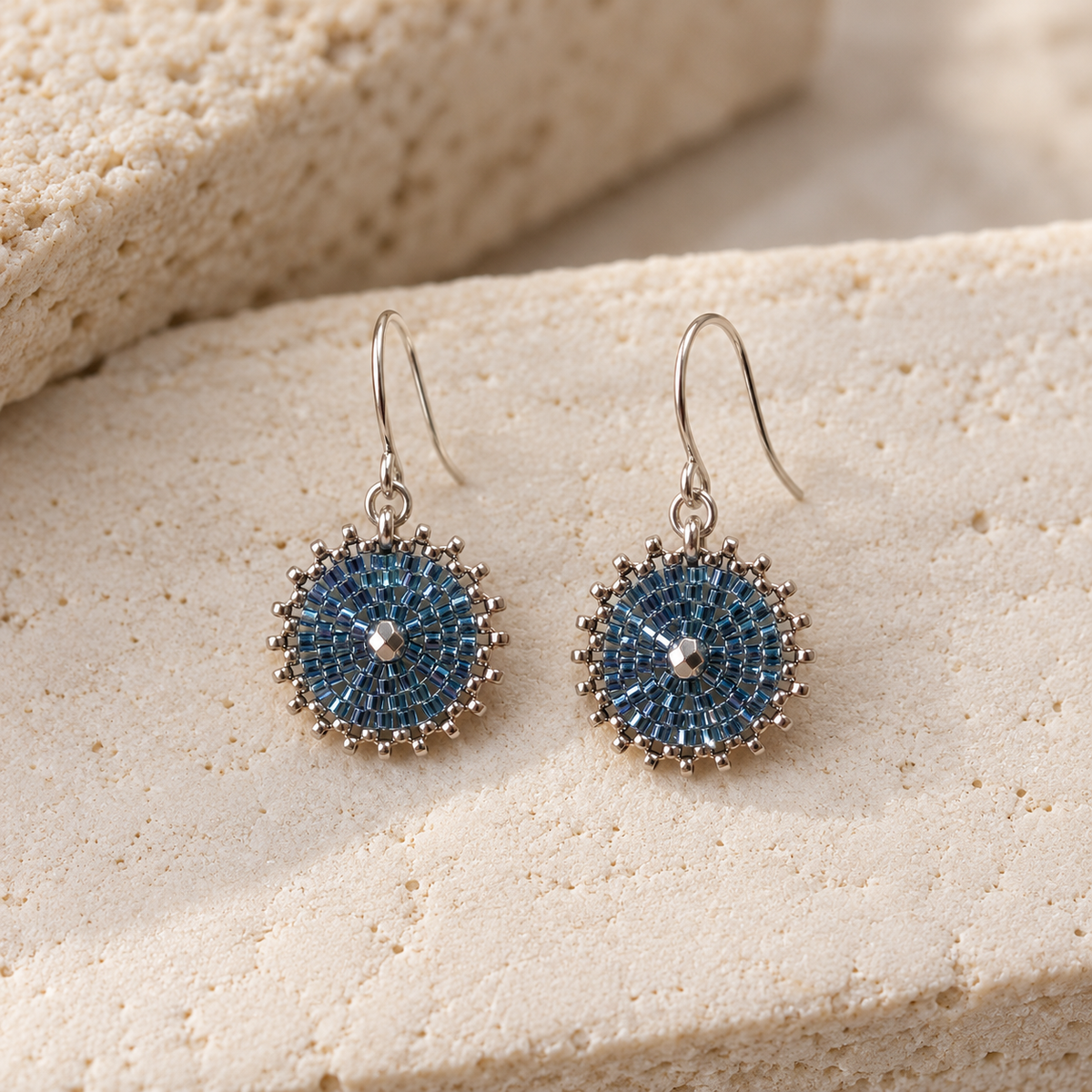 Silver and Blue Bead Woven Earrings